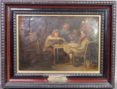 tableau représentant un groupe d'hommes assis autour d'une table en train de jouer aux cartes