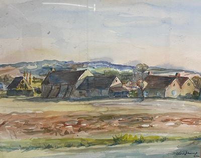 a watercolor painting of a village in the middle of a field