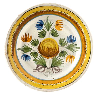 an image of a yellow and blue plate with flowers on it