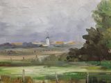 an oil painting of a field with a windmill in the distance