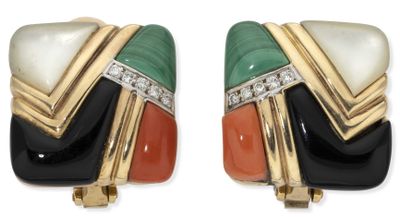 two pairs of earrings with multi colored stones and diamonds