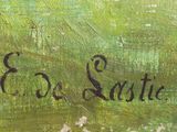 an oil painting of a green field with the word e e seattle written on it
