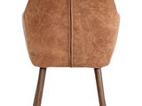 the back of a brown leather stool with wooden legs on a white background