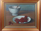 painting of a bowl of cherries and a spoon on a table