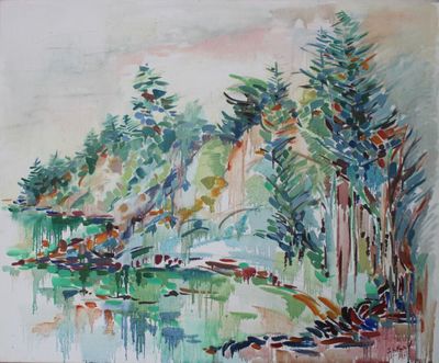 un tableau représentant une rivière et des arbres dans l'eau
