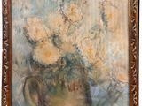 painting of a vase with flowers in it on a table