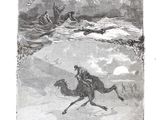 an old book with a picture of a man riding a horse in the snow