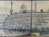 drawing of a bridge over a river with people walking on it