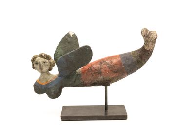 statue of a woman and a fish on a stand on a white background