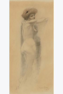 a drawing of a nude woman in a hat and dress