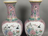 paire de vases chinois avec des oiseaux et des fleurs peints dessus