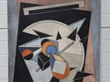 une peinture abstraite représentant un oiseau dans un cercle sur un fond noir et blanc