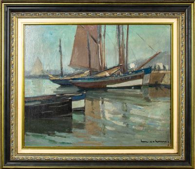 une peinture à l'huile représentant des bateaux amarrés à un quai par une journée ensoleillée