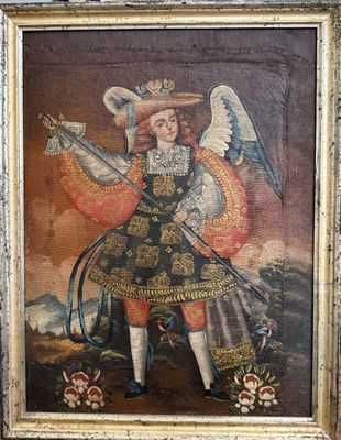 an old painting of an angel holding a sword and a shield