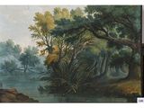 an image of a painting of a river with trees in the background