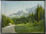 tableau représentant une vue sur une chaîne de montagnes avec une route au premier plan