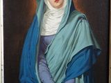 painting of a woman in a blue dress and a blue shawl