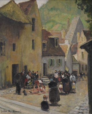 painting of a group of people walking down a street next to a building