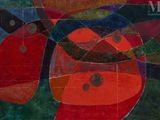 peinture abstraite représentant une pomme et un couteau sur fond bleu