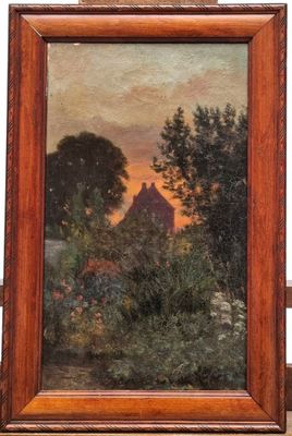 painting of a landscape with a house in the distance and trees in the foreground