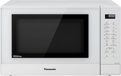 Le micro-ondes est blanc et comporte un écran noir sur la porte.