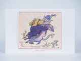 greeting card featuring a drawing of a cat riding a mouse