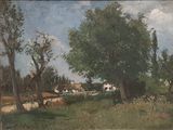 a picture of a painting of a country road