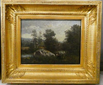 an image of a painting of cows in a field with trees in the background