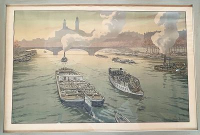 a picture of a painting of boats on the water