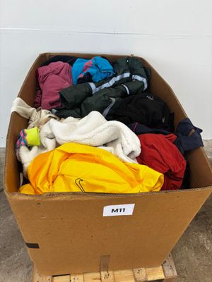 a cardboard box full of clothes sitting on a pallet
