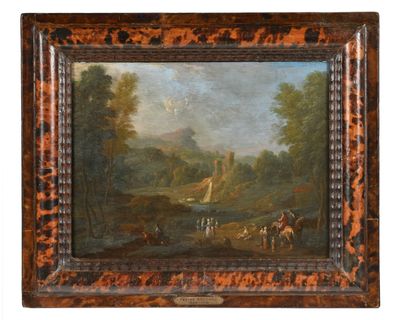 an oil painting of a landscape with horses and a man on horseback