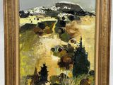 une peinture à l'huile représentant un paysage avec des collines et des arbres, dans un cadre doré