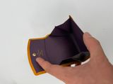 someone is holding a purple and yellow wallet in their hand