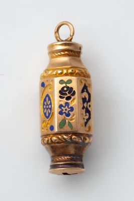 an image of a gold and blue vase charm on a white background
