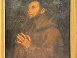 an old painting of a man in a brown coat holding a rosary