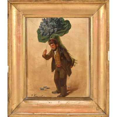 tableau représentant un homme portant un parapluie bleu sur la tête