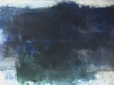 an abstract painting of blue and green on a white background