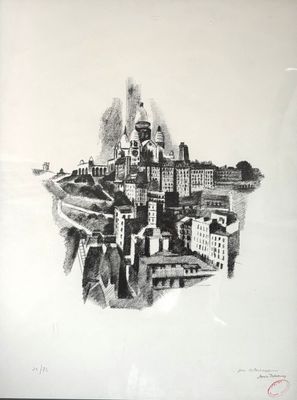 drawing of a black and white picture of a city with a clock tower