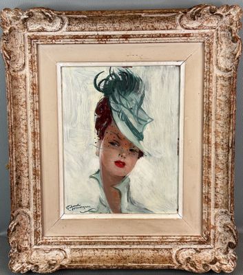 a painting of a woman with a hat on her head
