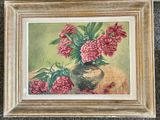 a painting of pink flowers in a vase on a table