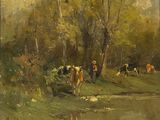 painting of a group of people riding horses in a wooded area