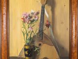 painting of a guitar and flowers in a vase on a table