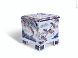 a blue and white box with a design on it