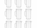 six gobelets en plastique transparent sont alignés sur une surface blanche