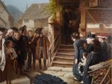 painting of a group of people standing outside of a building