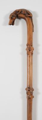 Canne décorative en bois naturel sculpté, le fût à noeuds, le pommeau  - Photo 1