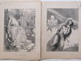 an old book with two illustrations of a woman and a man sitting on a bench