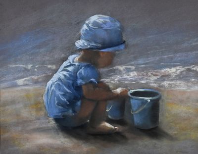 a painting of a child playing with a bucket on the beach