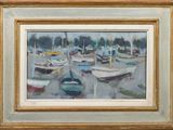 a painting of boats in a harbor on the water