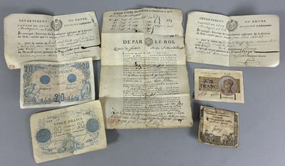 several pieces of old paper with stamps and stamps on them